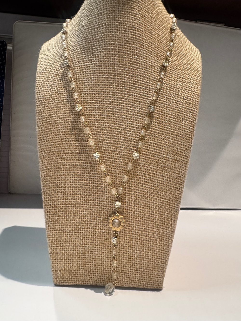 Delicate Gold-Tone Crystal Long Necklace with Floral Locket